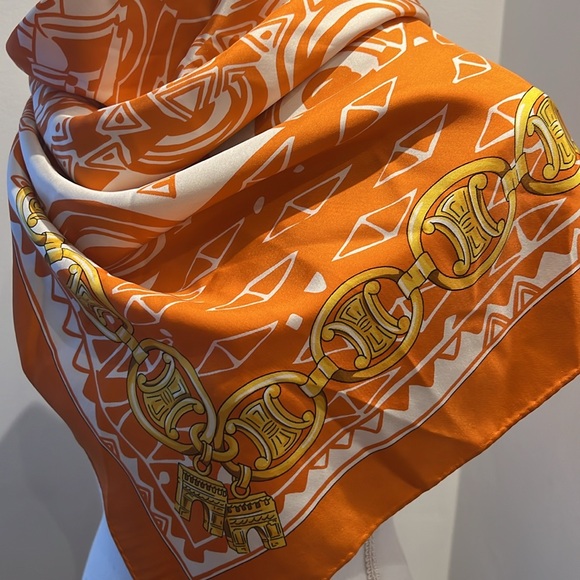 Celine Elegant Orange Silk Scarf  34”x34” - Picture 4 of 11